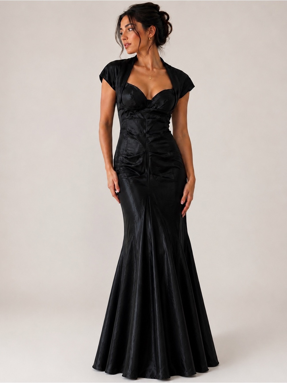 Betsy & Adam Size 4 Black Ruched Halter Mermaid Evening Gown Formal Floor  Dress